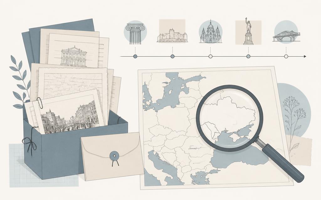 Illustration: arkivdokument, tidslinje och förstoringsglas över en karta.
